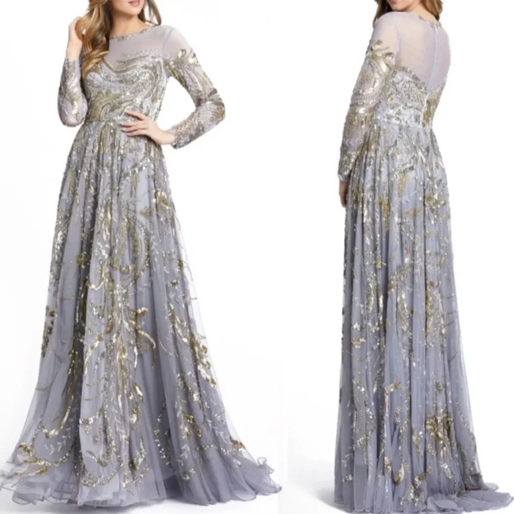 Mac Duggal Elegant Gray and Gold Embellished Evening Gown - Picture 2 of 7